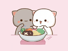 two cartoon cats are sitting next to each other eating noodles from a bowl .