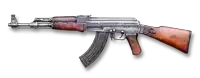 an assault rifle with a wooden grip and a metal barrel on a white background