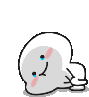 a cartoon character is laying down with a crying face and giving the peace sign .