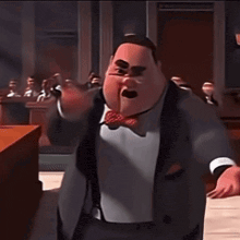 a cartoon man in a suit and tie is raising his arms in the air in a courtroom