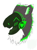 a drawing of a gray and green animal with headphones on