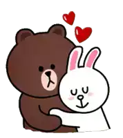 a brown bear and a white rabbit are hugging each other with hearts above them .