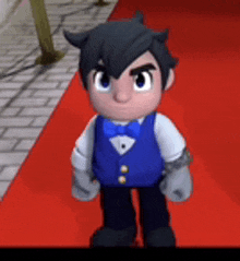 a cartoon character wearing a blue vest and a bow tie is standing on a red carpet .