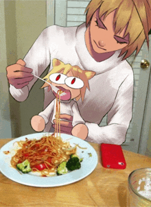 a man is feeding spaghetti to a stuffed cat