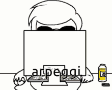 a black and white drawing of a man sitting in front of a computer screen that says artpeggi