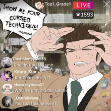 a cartoon of a man holding his head with the words show me your cursed technique written above him
