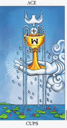 a tarot card shows a hand holding a golden cup with the letter w on it