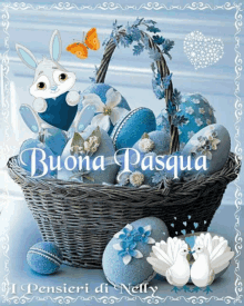 a picture of a basket of blue easter eggs with the words buona pasqua written on it