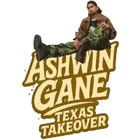 a logo for ashwin gane texas takeover with a man in camouflage
