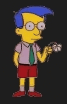 a cartoon character with blue hair and glasses is holding a pair of sunglasses .