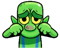 a green cartoon character with a sad expression on his face