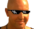 a bald man wearing sunglasses is smiling and making a face .