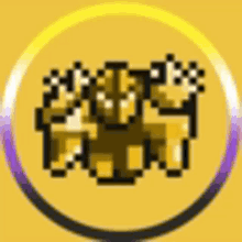 a yellow circle with a purple border and a pixel art icon