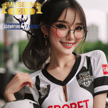 a woman wearing glasses and a jersey that says ' sb ' on it