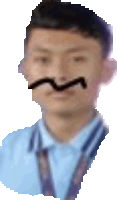 a man with a mustache on his face is wearing a blue shirt and tie