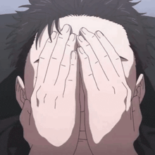 a man is covering his face with his hands in a drawing
