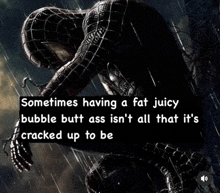 a picture of spider-man in the rain with a caption that says sometimes having a fat juicy