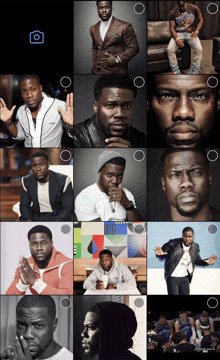 a collage of kevin hart 's pictures with a camera icon in the middle