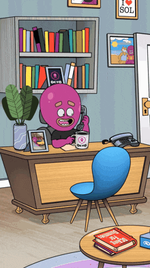 a cartoon octopus is sitting at a desk talking on a cell phone