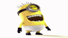 a yellow minion with a mohawk on his head is laughing with his mouth open