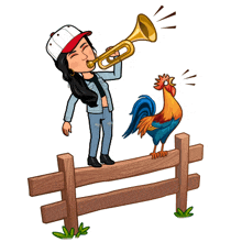 a woman blowing a trumpet next to a rooster