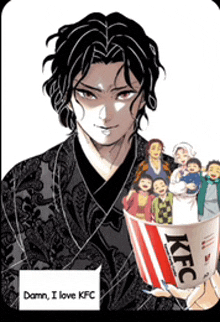 a man in a kimono is holding a kfc bucket surrounded by children