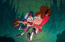 a cartoon of a boy and a girl from gravity falls flying through the air