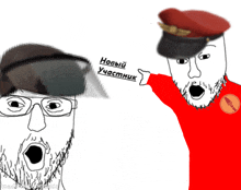 a man with a beard is pointing at another man with a red shirt on