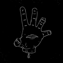 a black and white drawing of a hand with a third eye coming out of it on a black background .