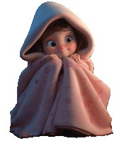 a little girl is wrapped in a pink blanket with a hood