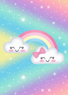 two clouds with smiley faces and a rainbow on a rainbow background