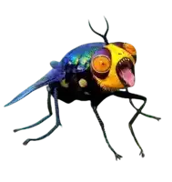 a fly with a yellow head and big eyes is sticking its tongue out