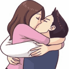 a man and a woman are hugging and kissing .