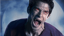 a man with red eyes and teeth is screaming with his mouth open