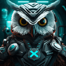 an owl wearing a futuristic helmet has a blue x on its chest