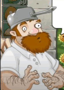 a cartoon of a man with a beard wearing a helmet and a white shirt