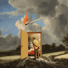 a painting of a man standing in front of an open door with a match on fire