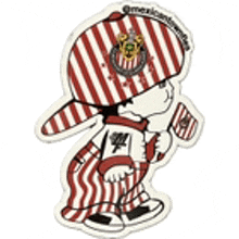 a cartoon character wearing a red and white striped hat and holding a flag .