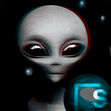 a painting of an alien with the letter s in the corner