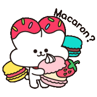 a cartoon drawing of a cat holding a cupcake with the word macaron written around it