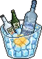 a pixel art illustration of a bucket of ice filled with bottles of vodka