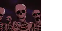 a group of skeletons are standing in a dark room