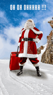 a poster of santa claus holding a red suitcase with the words oh oh ohhhh written on it