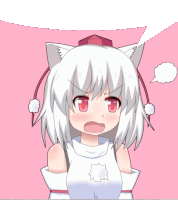 a girl with white hair and red eyes has a speech bubble over her head