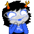 a cartoon character with horns and glasses is wearing a blue sweater and smiling .