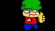 a cartoon character with a green hat is holding a banana .