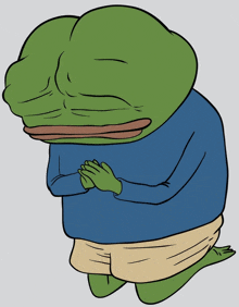 a frog in a blue shirt and shorts is kneeling down