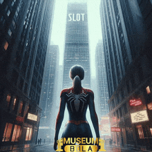 a woman in a spiderman costume stands in front of a tall building that says slot on it