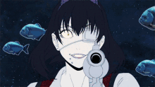 a cartoon character is holding a gun in front of a group of fish