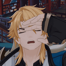 a cartoon character with blonde hair covering his face with his hand
